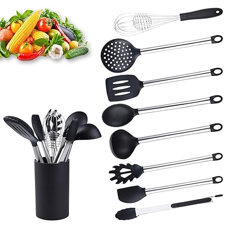 zuofeng Küchenhelfer Set, Küchenutensilien 9 Stück Set aus Silikon und Edelstahl: Zange, Spaghettilöffel, Spatel, Kochlöffel,