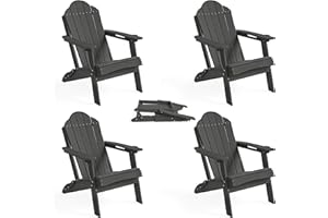 LUE BONA Folding Adirondack Chair, Chairs Set of 4, Cup Holder, Woodgrain, Fire Pit, Patio, Pool, Black