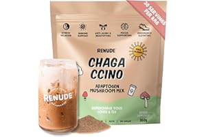 Renude Chagaccino - Chaga Mushroom Powder, Mushroom Coffee Drink Mix with Adaptogens, Natural Energy and Immune Support, Vegan, Keto, Zero Calorie Mushroom Blend Powder - 30 Servings