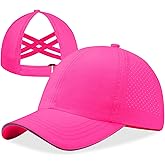 LUCKYBUNNY Ponytail Hat for Girls, Criss Cross Baseball Cap with Reflective Brim, Quick Dry Sports Hats for 7-12 Years