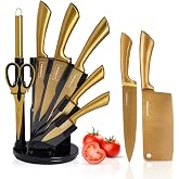 Luxury Black &amp; Gold Kitchen Knife Set with Block &amp; Rod Sharpener | 8-Piece, Titanium-Coated Stainless Steel, Ultra Sharp Chef Knife Set, Ideal for Kitchen