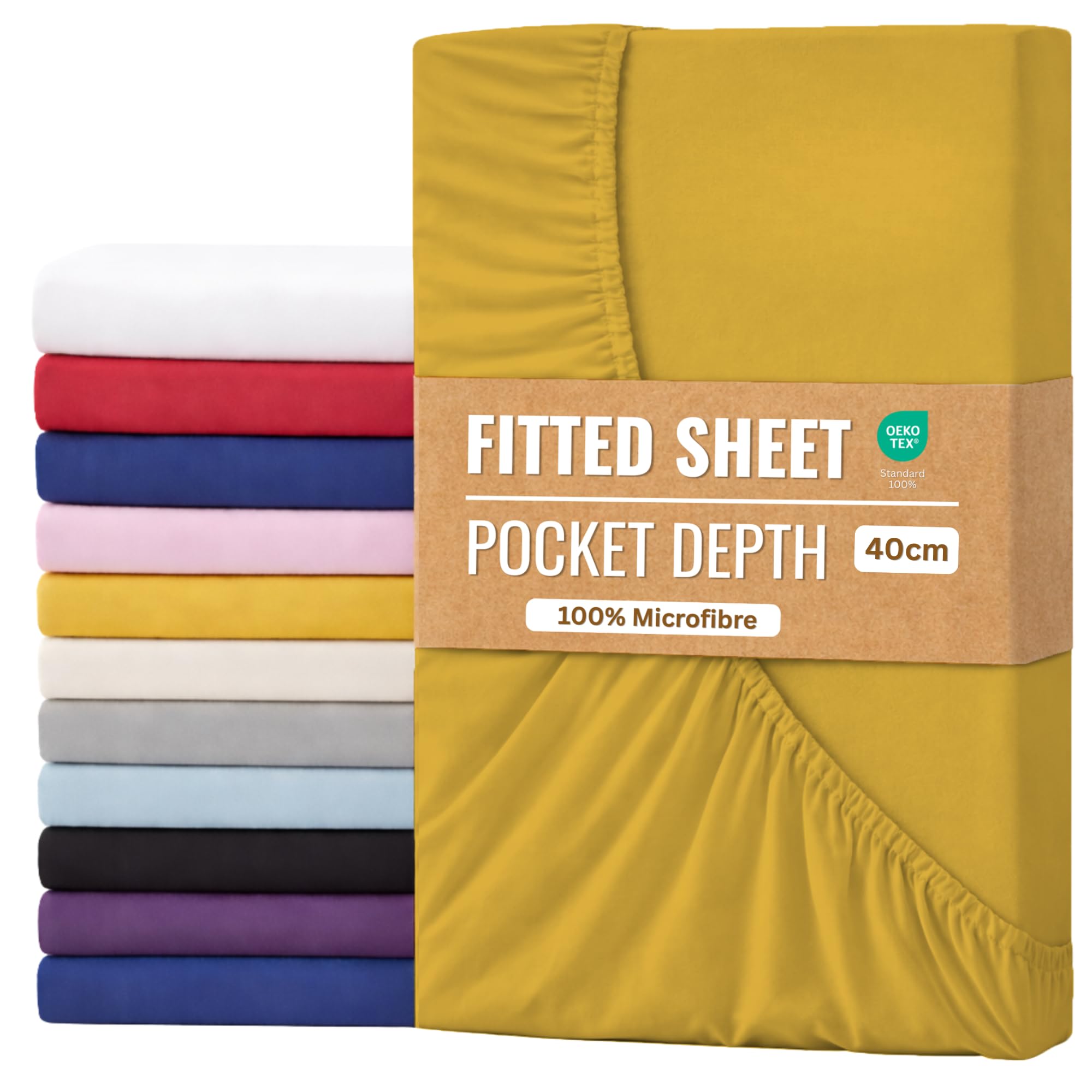 Fitted Sheet 40cm with Extra Deep Pockets - OEKO-TEX Certified Bed Sheet Double Size 137X190CM | Hotel Quality & Wrinkle Resistant | Brushed Microfibre Fitted Sheets (Ochre, Double 40CM)