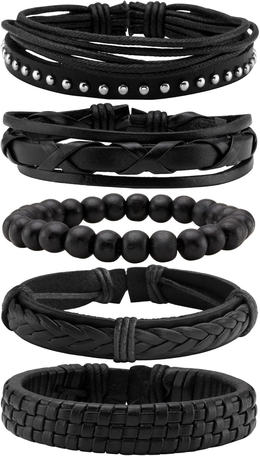MILAKOO Punk Braided Leather Bracelet with Black Wooden Beads Stretch Bracelets Minimalist Bracelets Set, 5pcs