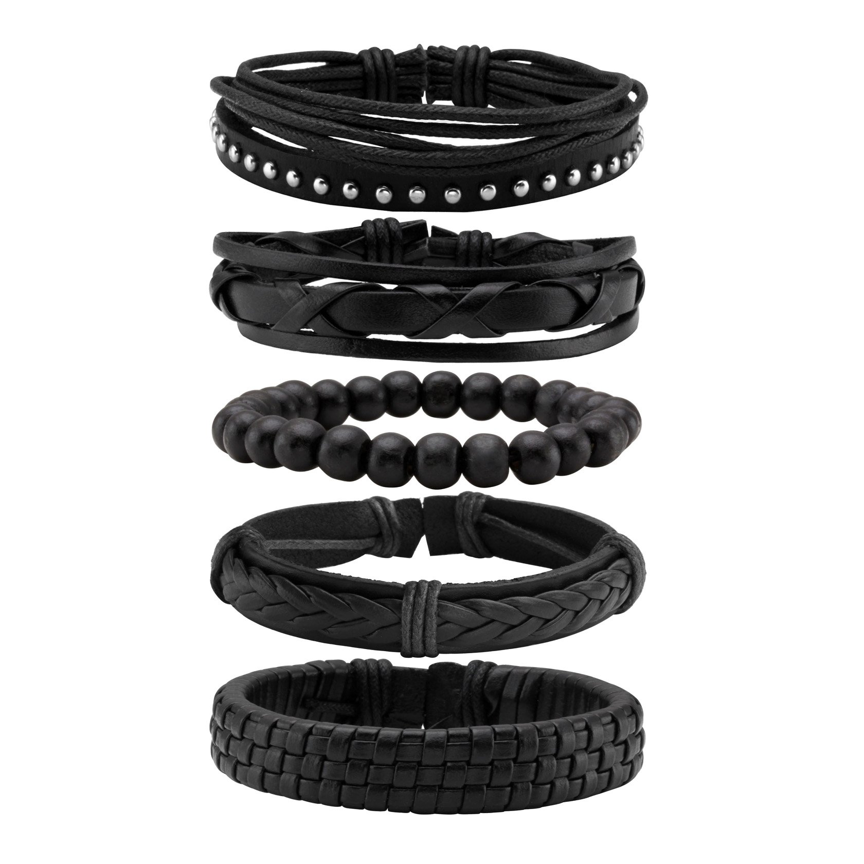 MILAKOO Punk Braided Leather Bracelet with Black Wooden Beads Stretch Bracelets Minimalist Bracelets Set, 5pcs