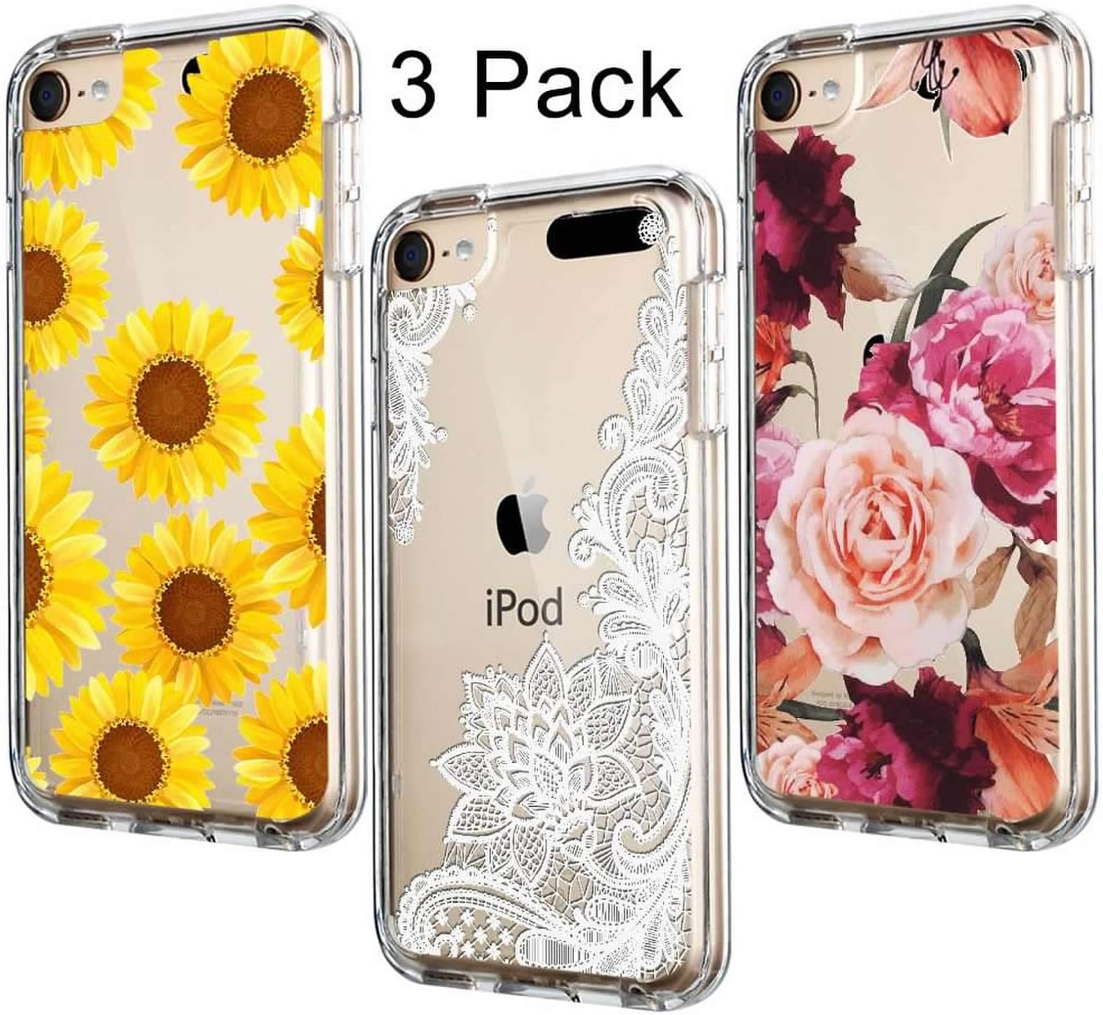 (3 Pack) Case for iPod Touch 7, Shock-Absorption Anti-Scratch Crystal Clear Soft TPU Slim Bumper Protective Cover for iPod Touch 5th/6th/7th Generation (2019), Flower