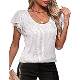 Traleubie Women's Sequin Tops Ruffle Sleeves Glitter Dressy Blouses Round Neck Sparkly Tops for Party, Evening, Cocktail