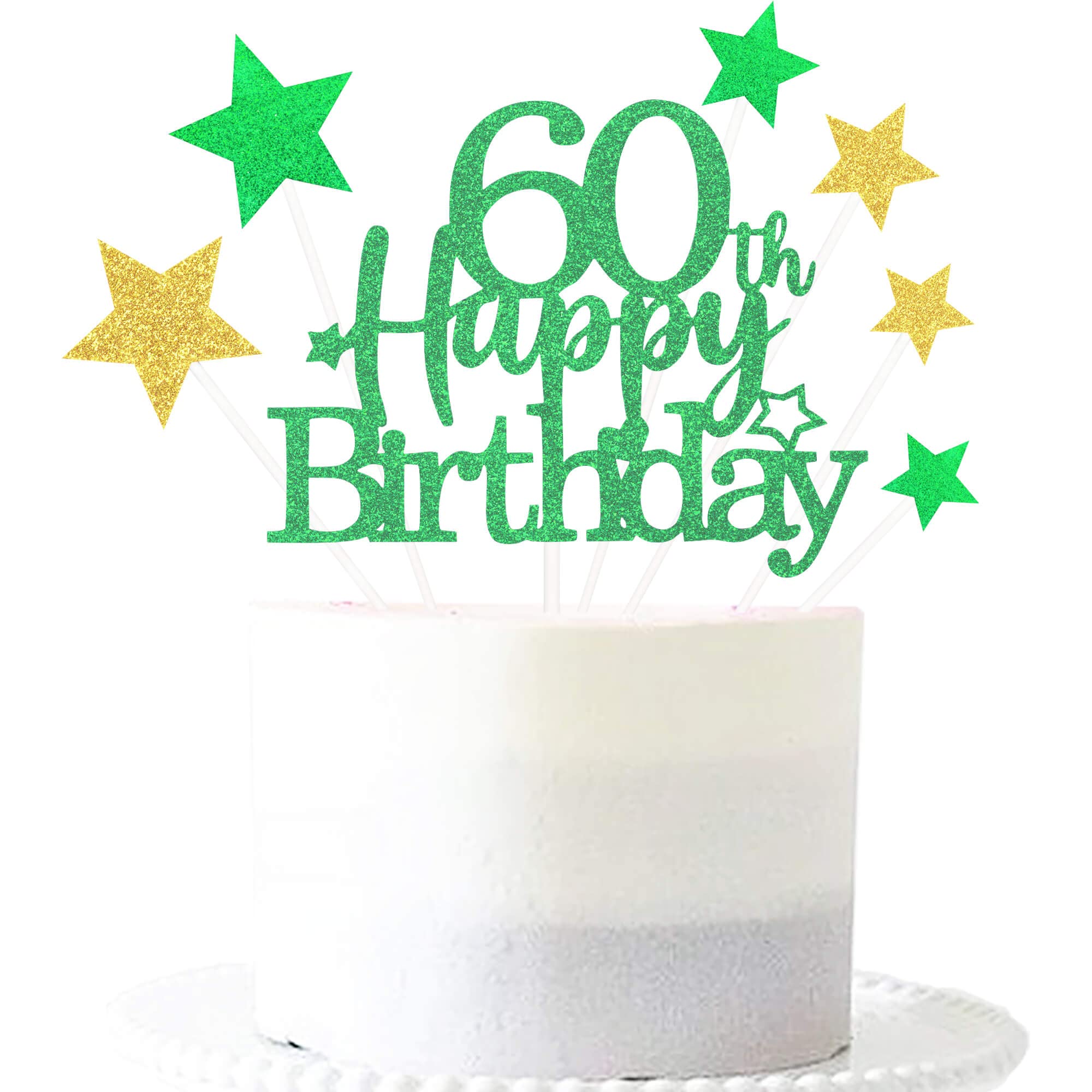 Glittery 60th Happy Birthday Cake Topper with Star,Personalised 60 Birthday Cake Toppers Party Decorations Party Supplies for Boys Girls Green Gold