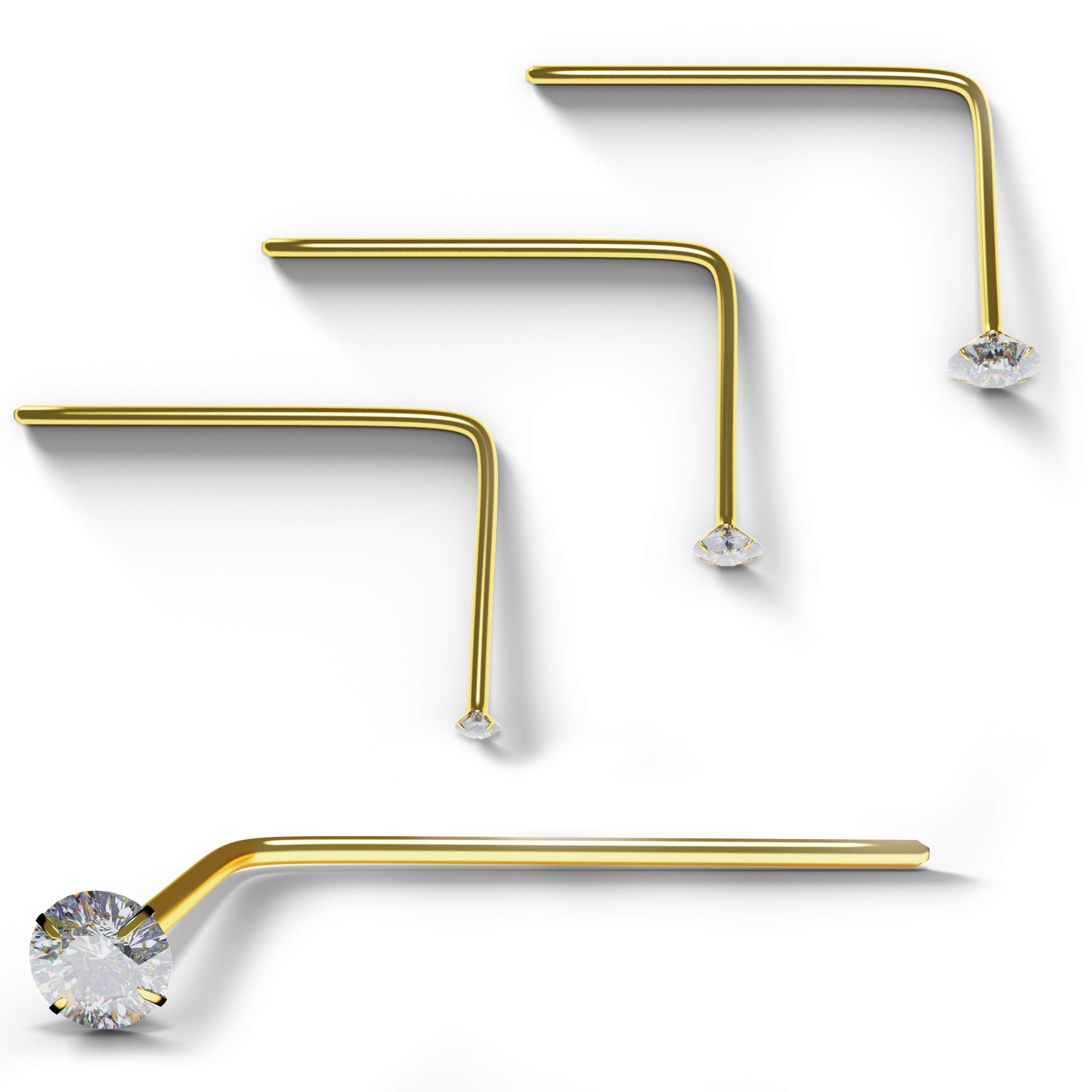 AZARIO LONDON 3 Piece Box Set of 9K Solid Yellow Gold Claw Set CZ Crystal Stone 22 Gauge L Shape Nose Stud Piercing