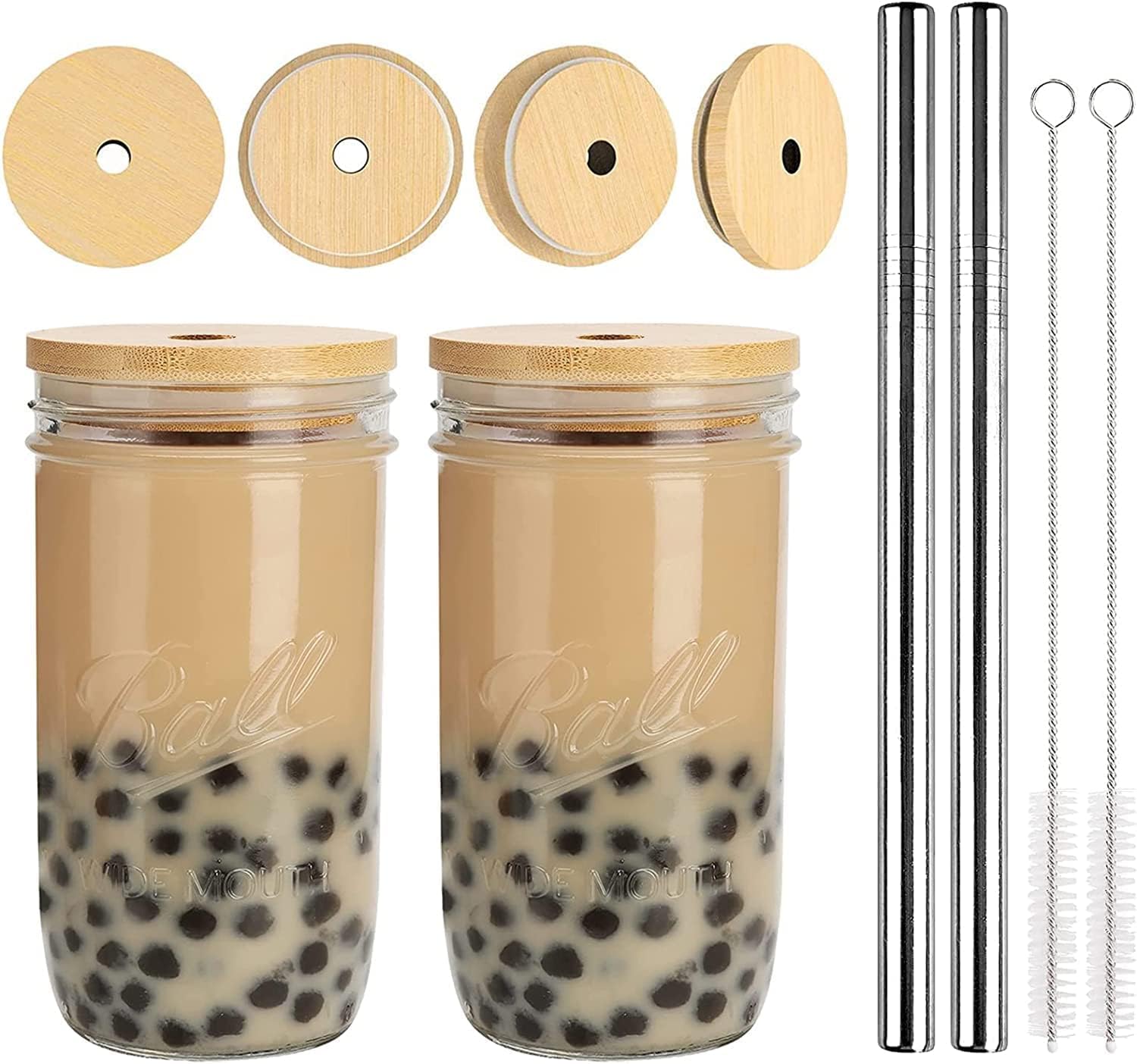 Ulrikco 2 Pack Reusable Boba Cup Bubble Tea Cup, 730ml/24oz Wide Mouth Smoothie Cups, Mason Jars with Lids & Straws, Iced Coffee Cups Glass Tumbler Drinking Bottle for Pearl Boba Juices