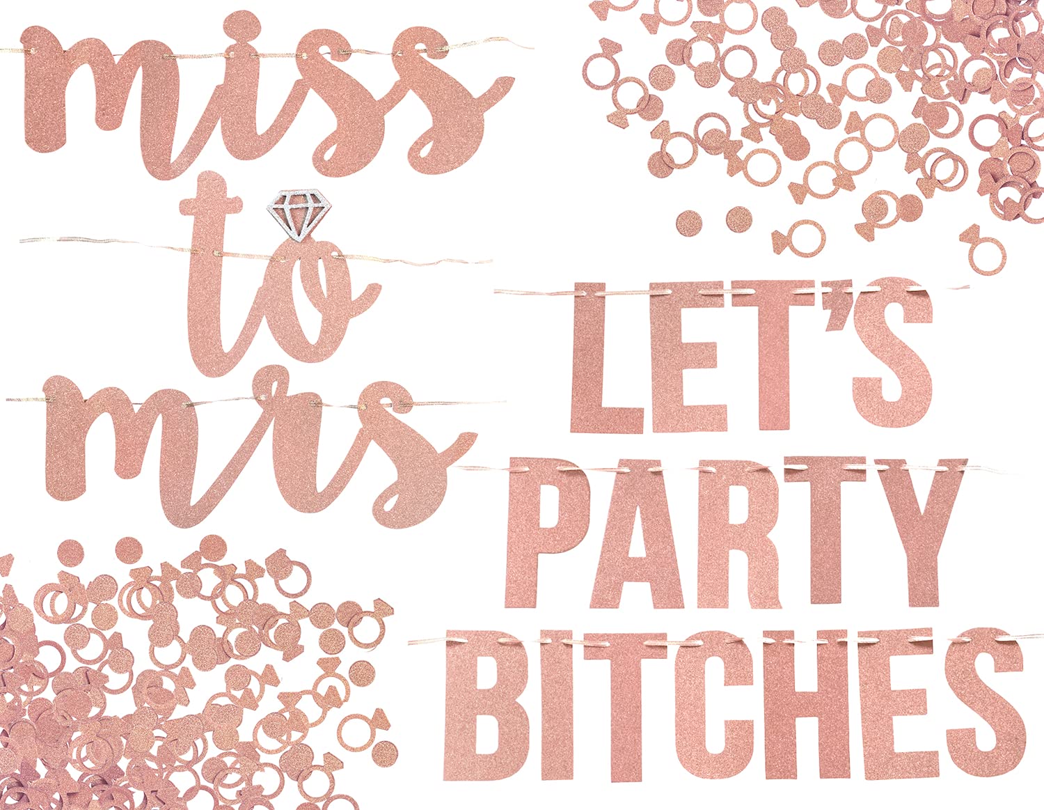 Miss to Mrs, Let's Party es Banner Set. Bachelorette, Engagement or Wedding Party Decorations. 2 Sparkly Banners with Super Fun Diamond Ring and Circle Confetti (Rose Gold)