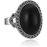 Aprilery Black Retro Marcasite Rings for Women, Fashion Cocktail Statement Rings Costume Vintage Crystal Big Onyx Stone Rings Jewelry for Her