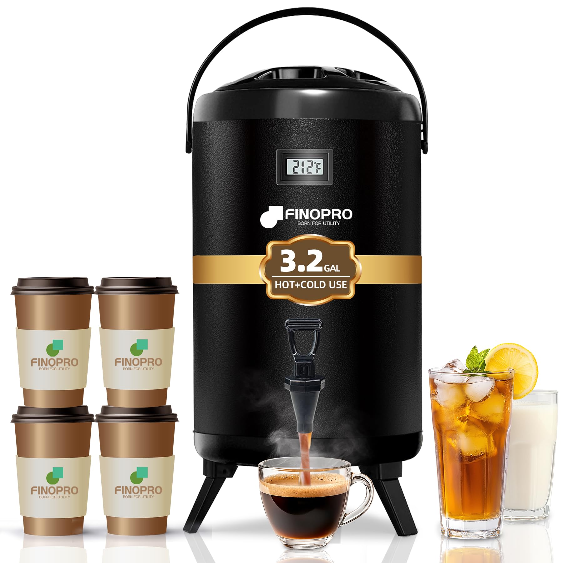 Photo 1 of Finopro Insulated Beverage Dispenser - Thermal Hot and Cold Tea Dispenser - Stainless Steel 12L/3.2Gal with Spigot for Hot Coffee & Tea, Cold Milk & Juice - Black