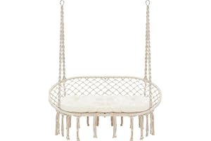 Homgava Hammock Chair Macrame Hanging Swing with Cushion,Hanging Cotton Ropes, Metal Frame, 450 lbs Capacity Indoor Outdoor, Patio, Balcony, Living,Deck, Yard, Garden(Double Swing) Beige