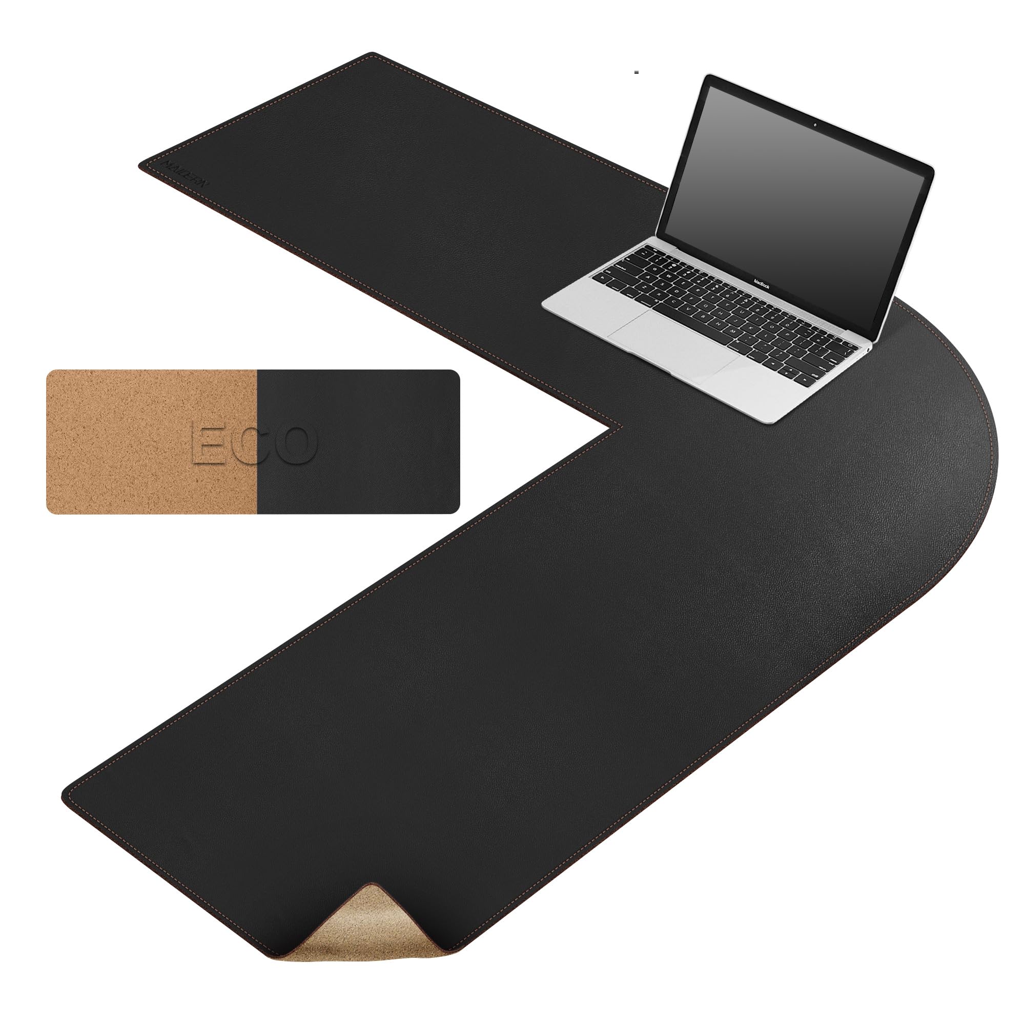 MAIDERN L Shaped Corner Desk Mat, 100x100x33cm Cork & Leather Reversible Desk Pad for Gaming Computer Office Home (Black)