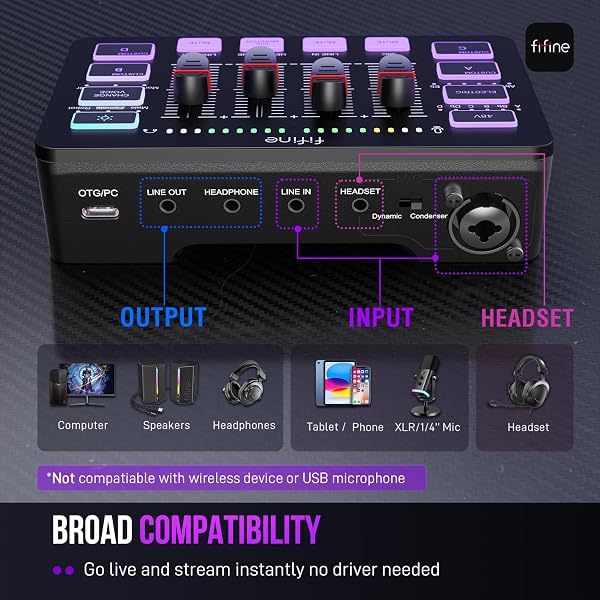 FIFINE GAMING AUDIO MIXER, STREAMING RGB PC MIXER WITH XLR MICROPHONE INTERFACE, INDIVIDUAL CONTROL, VOLUME FADER, MUTE BUTTON, 48V PHANTOM POWER, FOR PODCAST/RECORDING/VOCAL/GAME VOICE-AMPLIGAME SC3