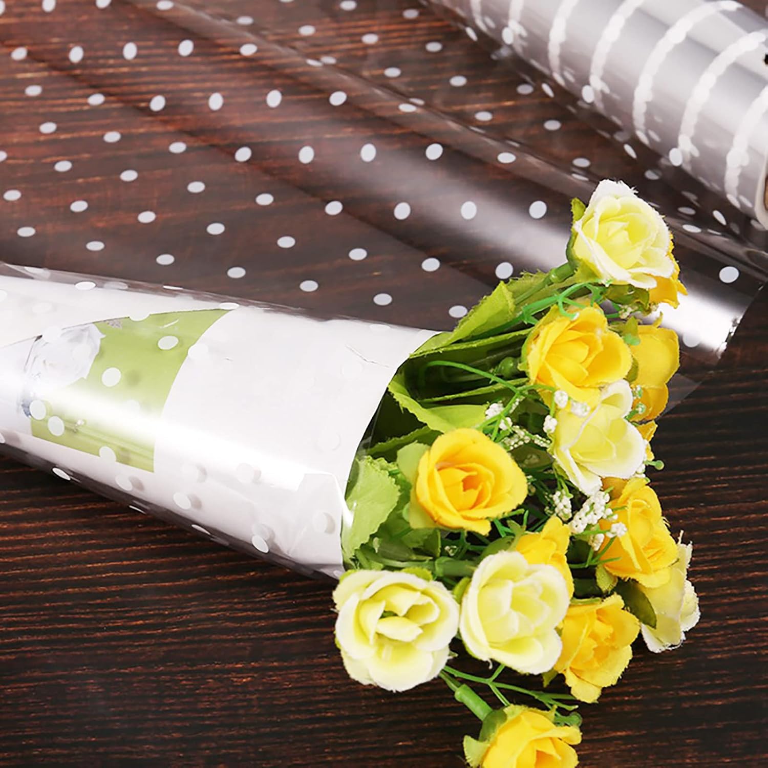 Cellophane Wrap Roll Unfolded Width 16 inch x 100 Ft White Dot Florist Paper Wrapper 3 Mil Thicken Long Film Gift Wrappings for Flowers,Basket,Food,Packing Paper: Everything Else