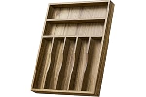 Kiasthome Acacia Wood Silverware Drawer Organizer, Kitchen Utensil Cutlery Drawer Organizer with Grooved Dividers, Flatware O