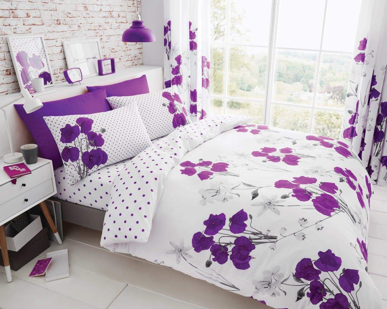 GC GAVENO CAVAILIA Easy Care Printed Duvet Cover Set, Reversible Bedding Sets, Polycotton Quilt Covers, Poppy-Aubergine, King