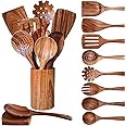 Wooden Spoons for Cooking 10 Pieces Set, Teak Kitchen Utensils Spatula, Wooden Cooking Utensils Spoons, with Spoon Rest, Strainer Spoon, Pasta server, Fried Spatula and Salad Fork, Utensil Holder
