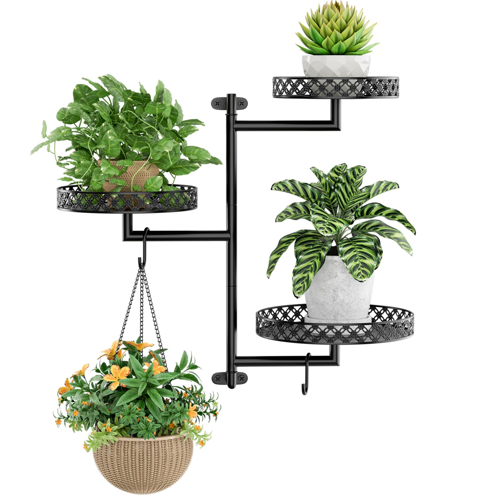 Photo 1 of OVICAR Rotating Window Plant Shelves - Indoor Wall Plant Stand 3-Tier Floral Metal Window Shelf Holder for Multiple Plants with Hanging Hooks Home Decor Black