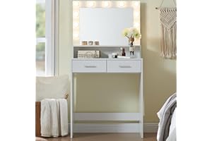 MIRROTOWEL Vanity Desk with Mirror and Lights, Dressing Table with Large Drawer, 2 Level Storage Dresser & 3 Lighting Modes Adjustable Brightness, Suitable for Bedroom