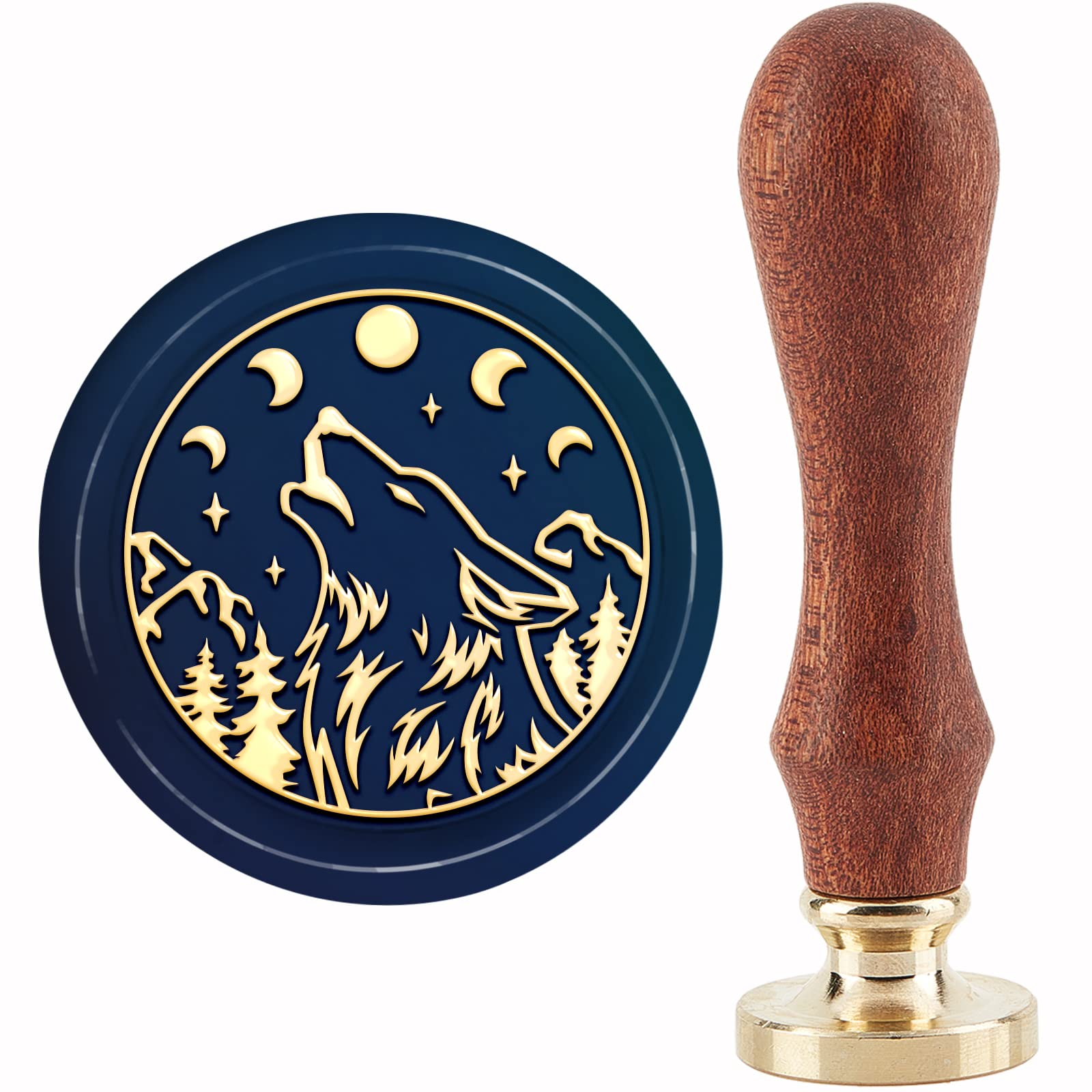 CRASPIRE Wolf Wax Seal Stamp Moon Phase Sealing Wax Stamp 30mm/1.18inch Removable Brass Head Sealing Stamp with Wooden Handle for Invitations Cards Gift Wrap