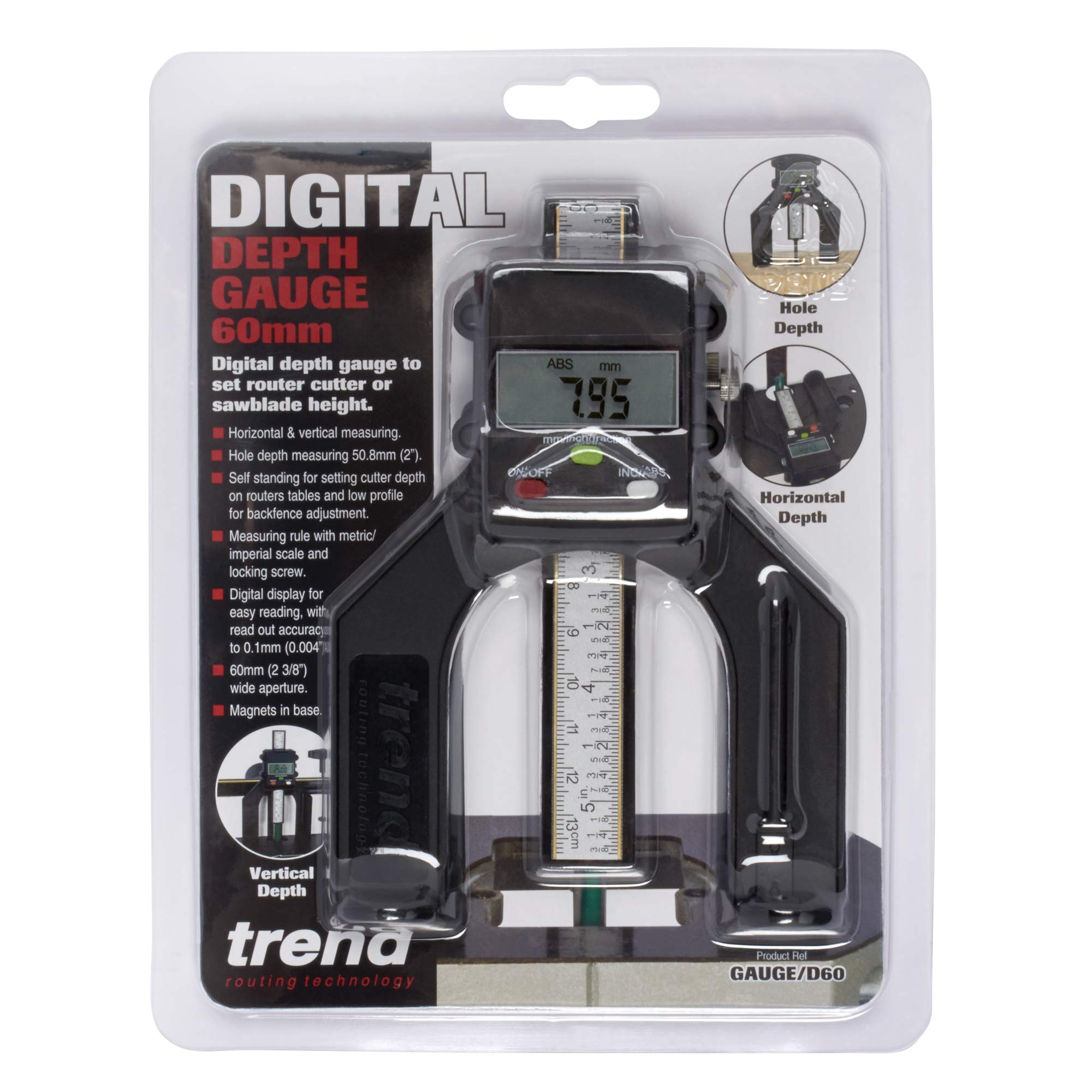 TREND Digital Depth Gauge with 2 23/64 inch Jaw Opening for Precision Rebate and Groove Setting, GAUGE/D60