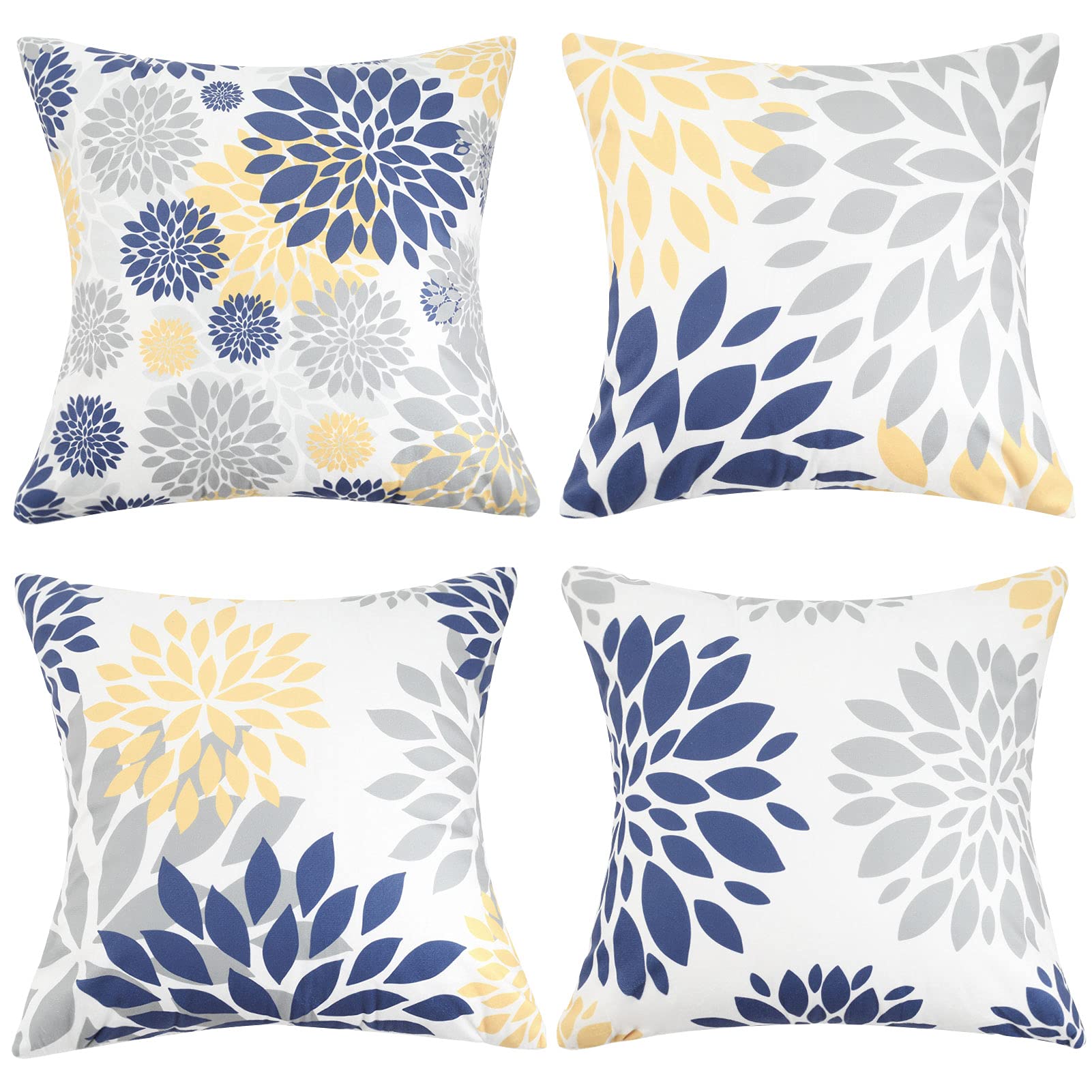 Hanrunsi Cushion Cover 45 x 45 cm Sofa Throw Pillow Cover Blue and Yellow Velvet Grey Flower Pillowcase Decorative Square for Home Bedroom Living Room 18 X18 inch Set of 4