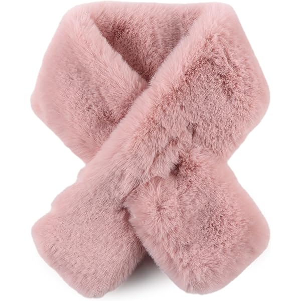 Women's Faux Fur Pull-Through Winter Neck Scarf - Fluffy Rectangle Shawl (36" X 6")