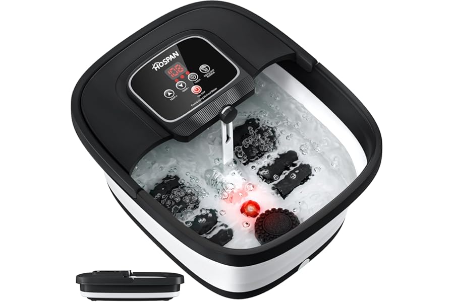HOSPAN Collapsible Foot Spa with Heat, Bubble, Red Light, and Temperature Control, Foot Bath Massager with 8 Shiatsu Massage Rollers, Pedicure Foot Spa for Relaxation and Stress Relief, Black