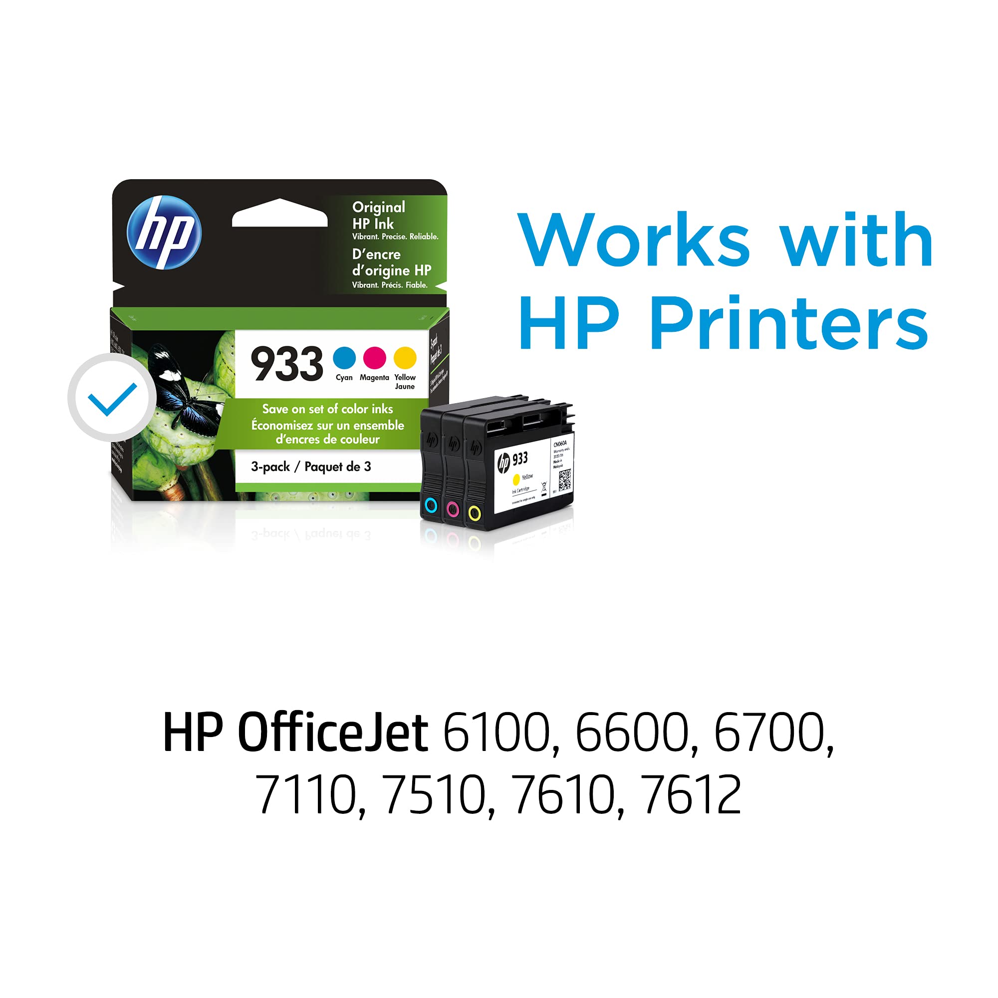 HP 933 Cyan, Magenta, Yellow Ink Cartridges for HP Printers | Works with Printer Series: OfficeJet 6100, 6600, 6700, 7110, 7510, 7610 | N9H56FN