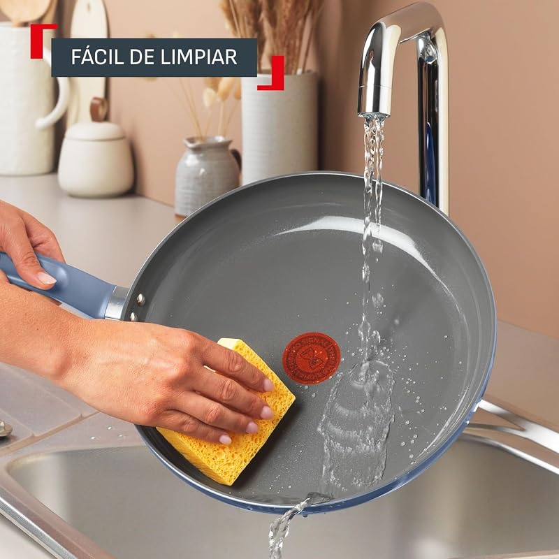 Cera Color On - Juego de 3 sartenes de 20/24/28 cm + Cazo con tapa de 16 cm + Olla con tapa de 24 cm, Revestimiento cerámico antiadherente de aluminio, 100% reciclado, Thermo-Signal