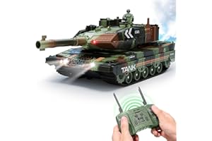 AIGIMU RC Tank That Shoot, 13 Channel Remote Control Army Tank with 330° Rotating Turret for Kids, One-Key Auto Demo, Sound & Light & Smoke, Military Vehicles Model Gift for Boys