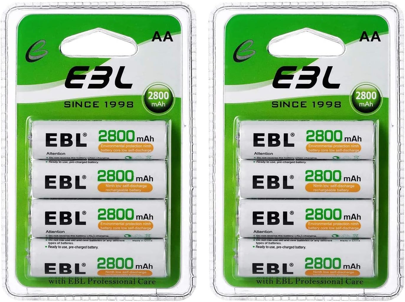 EBL Rechargeable AA Batteries 1.2V 2800mAh Precharged Ni-MH AA Battery New Retail Package, Pack of 8: Home Audio & Theater