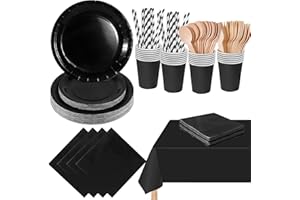PYAILI 169 Pcs Black Party Tableware Set, Paper Plates Cups Napkins Tablecloth, Dinnerware Set for Kids Adult Birthday,Weddin