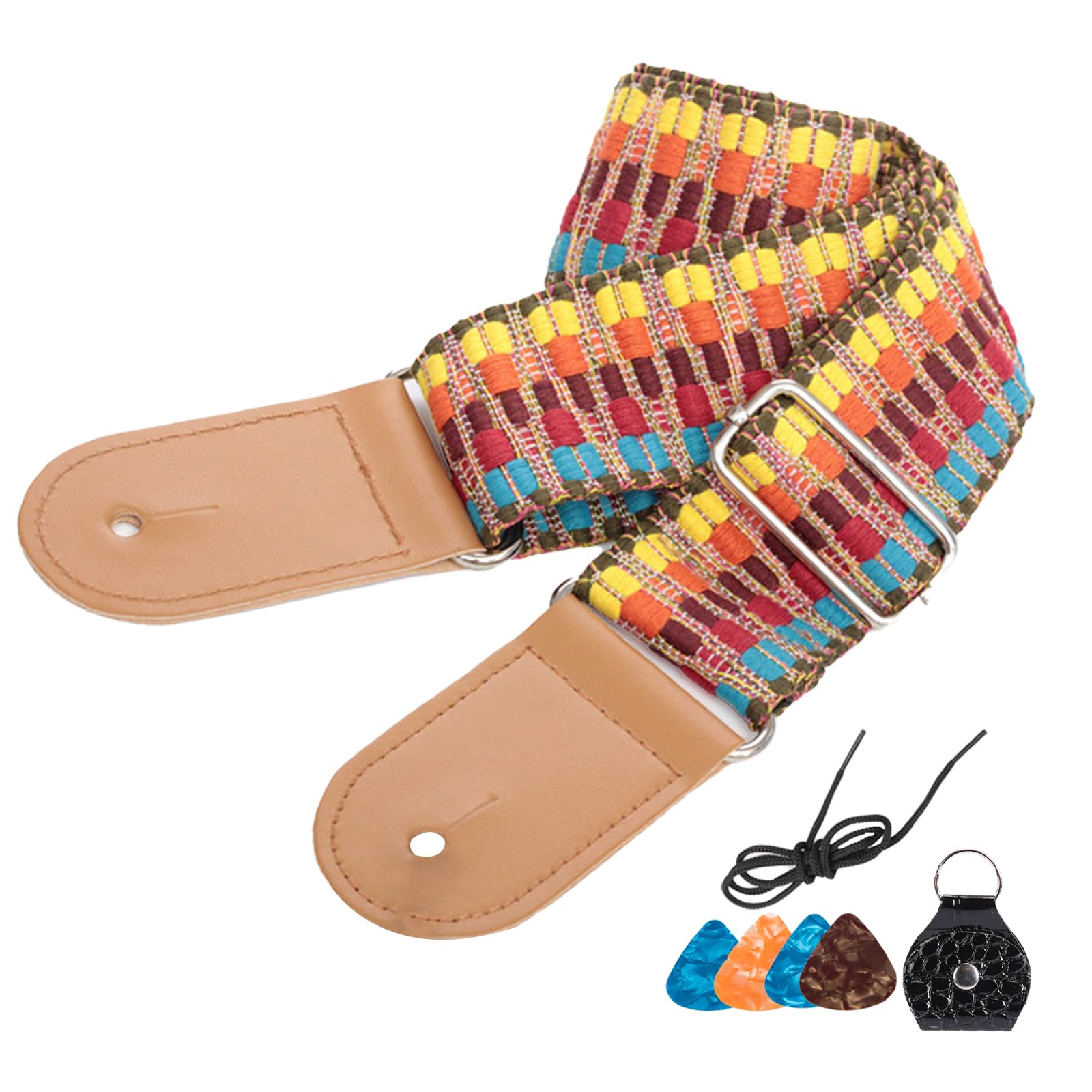 KASESSS Guitar Strap, Braided, Adjustable, Iridescent with Leather Ends, Comes with 4 Guitar Plectrums and 1 Plectrum Bag