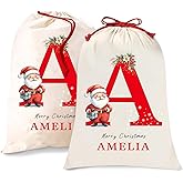 Custom Initial Christmas Santa Sack with Name, Personalized Xmas Canvas Drawstring Bags for Kids, Christmas Gift Doll Bags for Holiday Presents Eve Box Large Sack Bags