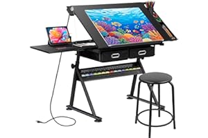 JupiterForce Drafting Table Art Desk w/Power Outlet and Stool, Adjustable Tilting Drawing Table Artist Desk with 2 Storage Drawers, Art Craft Work Station for Home Office Working, Writing, Crafting