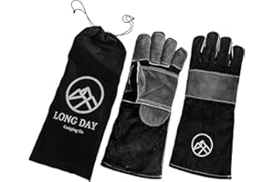 Long Day Camping Co. 16 inch Heat Resistant Wood fire Gloves/Mitts for Grill/Oven/Fireplace/BBQ/Smoker/Mig/Welding/Forge Grey Black