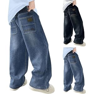 Boys Baggy Jeans Wide Leg Elastic Waist Pants Denim Cargo Trousers with Pockets Casual Streetwear 7 to 15Y