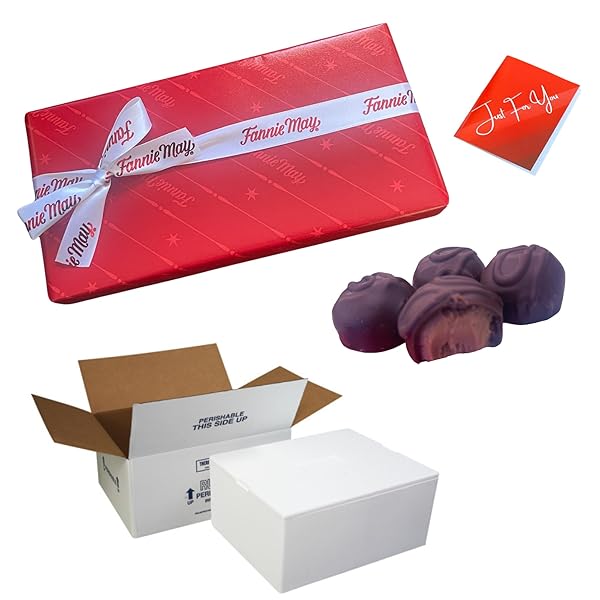 FANNIE MAY DARK CHOCOLATE CHOCOLATE BUTTERCREAM (ALSO KNOWN AS DARK CHOCOLATE MAYS) 1 LB. WITH INSULATED SHIPPER & GIFT TAG & WRAP BASKET BUNDLE