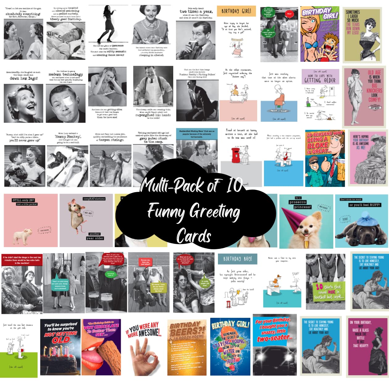 Emotional Rescue 10 Pack Birthday Cards, Funny & Rude Birthday Cards Him and Her, 10 Individual Cards, Multi-Coloured Assortment