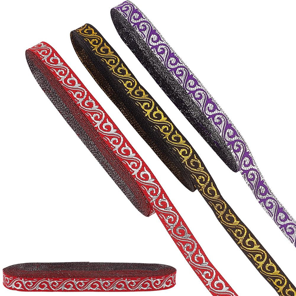 HOBBIESAY 3 Colors 0.4 inch Wide Embroidery Jacquard Trim Black Polyester Floral Ribbon Boho Woven Trim Ethnic Style Embroidery Ribbons for DIY Craft Garment Accessories,7.66 Yards/Color