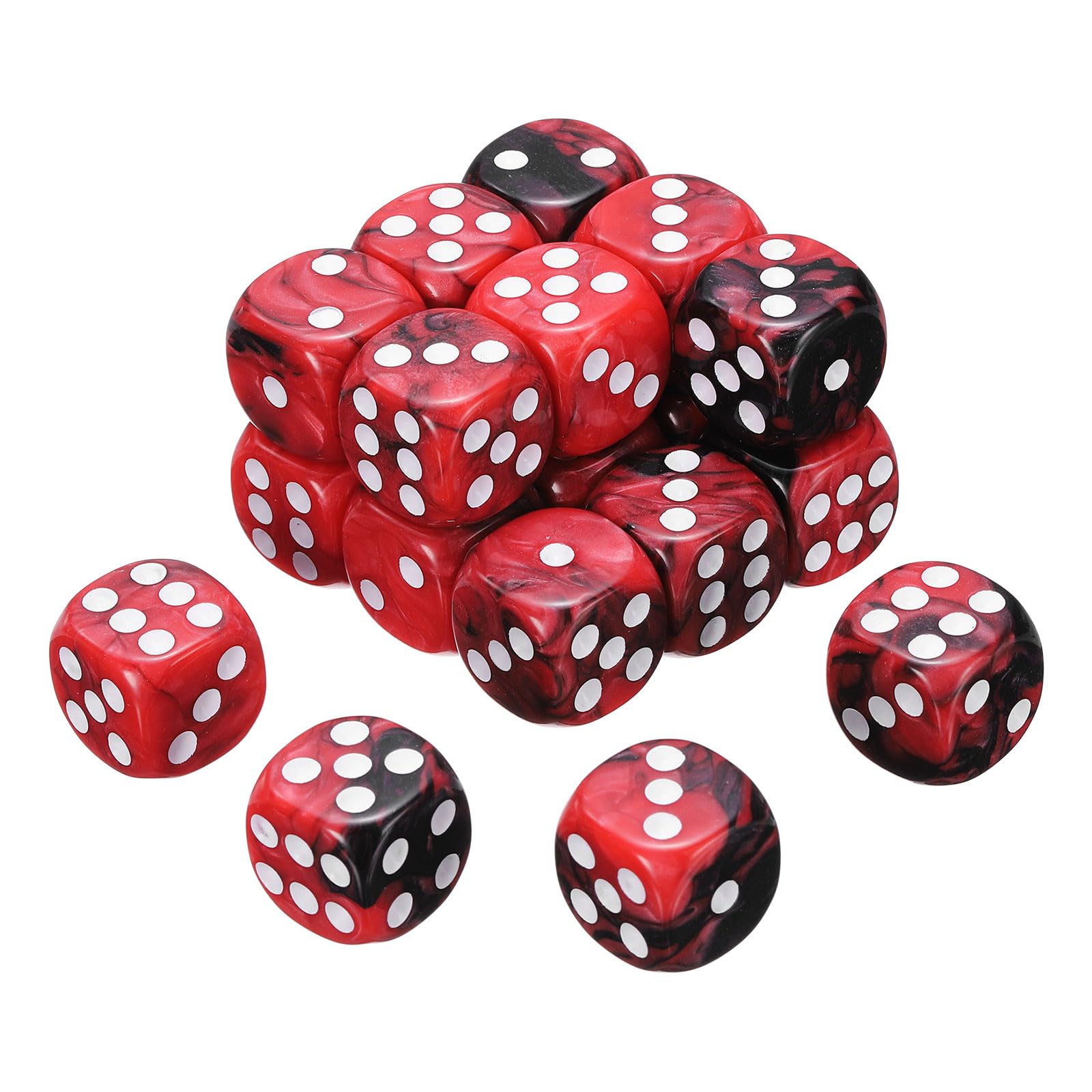 sourcing map 20Pcs 6 Sided Colored Standard Dice, 16mm Acrylic D6 Mini Polyhedral Pearl Pattern Two Tone Colors Game Dice Set for Table Games, Black/Red, White Point — image 1