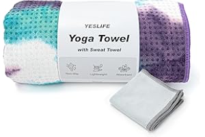 YESLIFE Non-Slip Extra Thick Hot Yoga Towel with One Sweat Towel, Microfiber Sweat Absorbent Yoga Mat Towel with Grip Dot, Pilates Mat, 72" x 24", Green&Purple