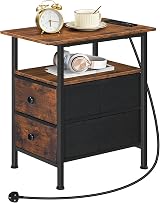 HOOBRO Narrow Bedside Table with Charging Station Set of 2 Rustic Brown Black view 9