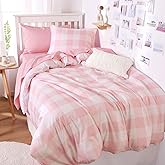 Wake In Cloud - Gingham Comforter Set, Plaid Buffalo Check Checkered Cottagecore Cute Geometric, Soft Lightweight Bedding, 3 Pieces, Pink, Twin/Twin XL Size
