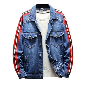 FRAUIT Herren Retro Distressed Denim Jacke Knopfmantel Patchwork Streifen Jeansjacke Cowboy Coat Vintage Männer Zerrissene Je