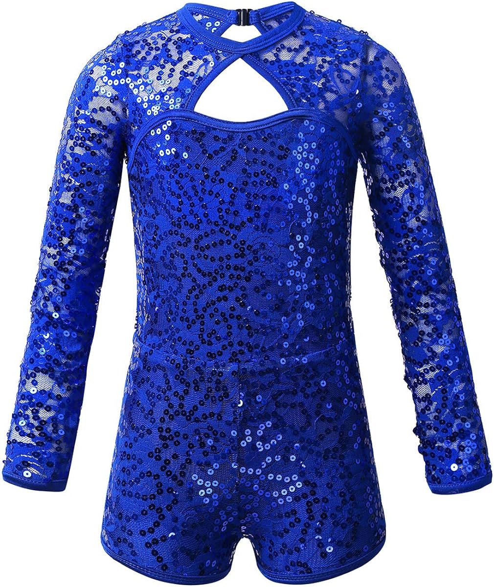 FEESHOW Girls Long Sleeve Sequined Lace Biketard Dance