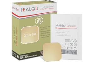 Healqu Hydrocolloid Wound Dressing - 2x2" Thin - Box of 20 Large Bandages - Sterilized Bordered Hydrocolloid Patches for Bed Sores, Abrasions, and More - Waterproof and Absorbent with Protective